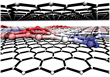 Two black carbon layers on top and below a coloured graphene layer, colour indicates defects